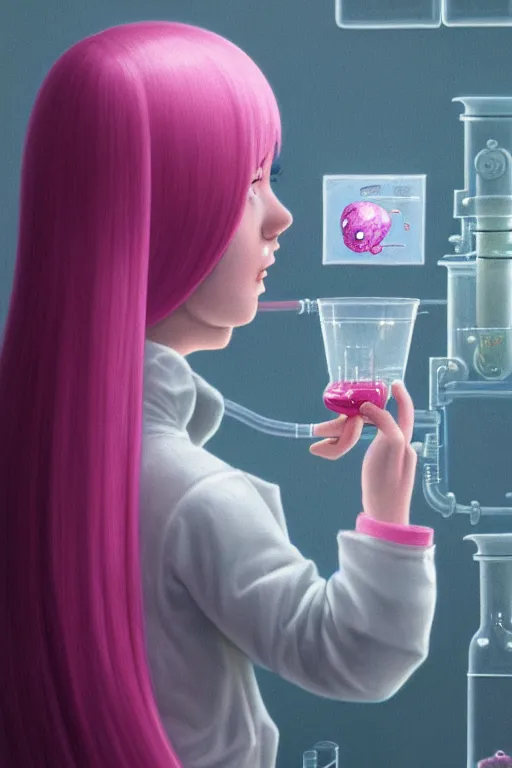 Image similar to highly detailed, industrial photography, profile view of adult princess bubblegum from adventure time, working in her science lab, wearing lab coat, long bubblegum hair, long straight bangs, confident, beautiful, attractive, illustration concept art by nicoletta ceccoli, mark ryden, lostfish, detailed and intricate environment, 8 k resolution, hyperrealistic, octane render