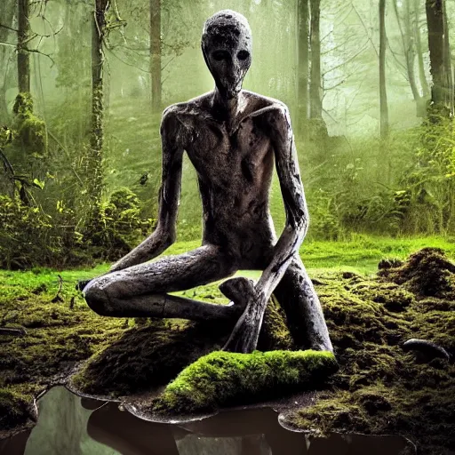 Image similar to Enigmatic Slender Man with Mud and Moss over his skin and plants growing on him is kneeling in a dirty pond, Photorealistic, Sunlight, Creepy, Nature, Hyperrealism, Hyperdetailed