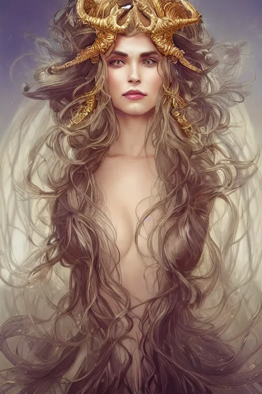 Image similar to fullbody!! of a beautiful woman with long white hair, big natural horns on her head, long flowing intricate dress, gold jewellery, dnd, face, fantasy, intricate, elegant, highly detailed, digital painting, artstation, concept art, smooth, sharp focus, illustration, art by artgerm and greg rutkowski and alphonse mucha