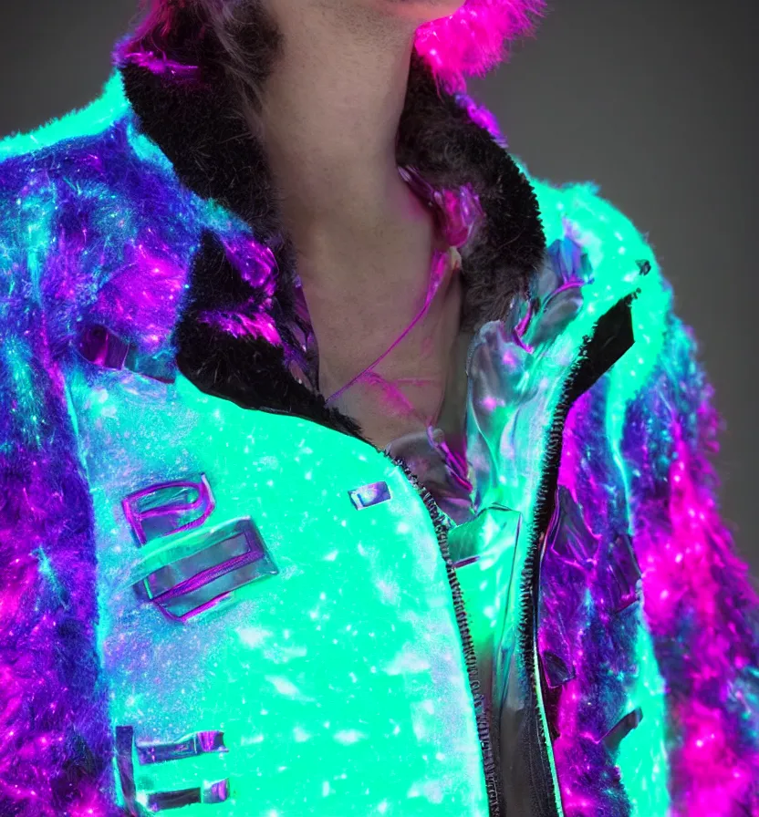 Image similar to autumn season rave jacket with led skin and fluffy lining in the style of cyberdog, futuristic psychedelic hippy, product shot, dark background, neon lighting