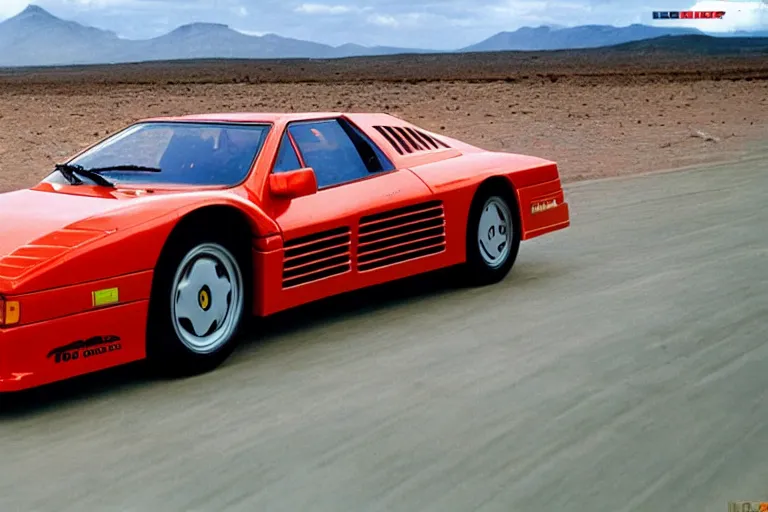 Image similar to designed by giorgetto giugiaro a single 1 9 8 8 race testarossa, dakar rally footage, speed