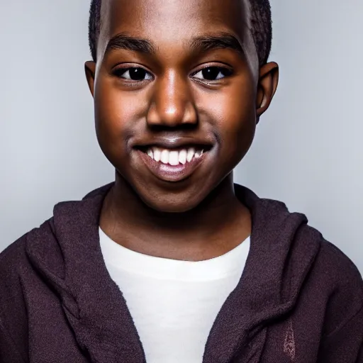 Prompt: the face of young kanye west wearing yeezy clothing at 1 3. 5 years old, portrait by julia cameron, chiaroscuro lighting, shallow depth of field, 8 0 mm, f 1. 8