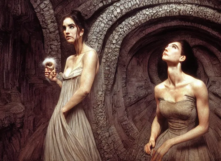 Image similar to jim henson's labyrinth. young jennifer connelly in a ballgown, is trapped in a dark shadowed oubliette made of stone. by edgar maxence and caravaggio and michael whelan and delacroix style, artistic, intricate painting, cinematic lighting, hyper realistic, extremely detailed, vivid colors, establishing shot, dramatic lighting