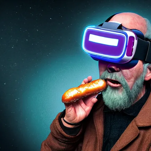 Image similar to Colour Photography of 1000 years old man with highly detailed 1000 years old face wearing higly detailed cyberpunk VR Headset designed by Josan Gonzalez Many details. Man eating higly detailed hot-dog. In style of Josan Gonzalez and Mike Winkelmann andgreg rutkowski and alphonse muchaand Caspar David Friedrich and Stephen Hickman and James Gurney and Hiromasa Ogura. Rendered in Blender