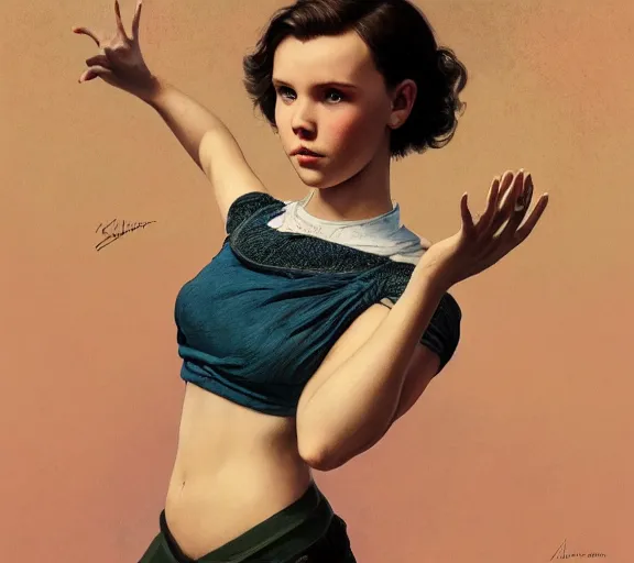 Image similar to photography millie bobby brown with hands - up and hairy armpits, deep focus, intricate, elegant, highly detailed, digital painting, artstation, concept art, matte, sharp focus, illustration, art by artgerm and greg rutkowski and alphonse mucha and gil elvgren