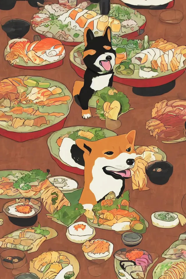 Image similar to a portrait of a shiba inu dog eating sushi in a sushi carousel restaurant, in the art style of studio ghibli, artistic, colorful palette, highly detailed