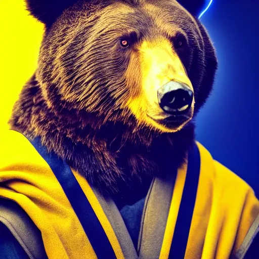 Image similar to portrait photo of bear as a jedi, blue and yellow lighting, dark, cinematic, high quality, 4 k