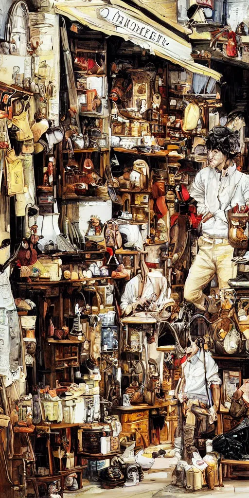 Image similar to oil painting scene from shoemaker's shop by kim jung gi