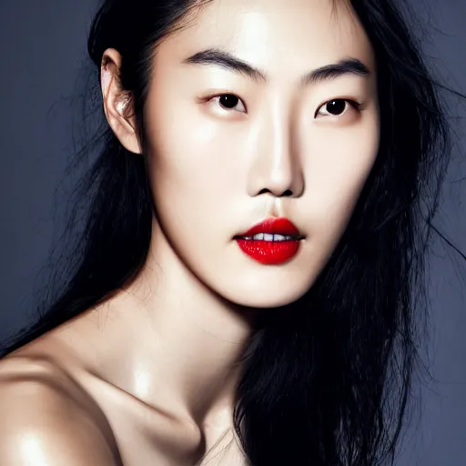 Prompt: close up photo portrait Liu Wen, beautiful face, no body, photoshoot, real-life skin, skin care, light makeup, faint red lips, slicked back hair, diffuse lighting,