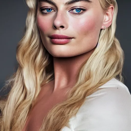 Image similar to A mix of margot robbie and khaleesi, portrait, highly detailed, professional photograph, studio lighting, sharp, 8k, HD