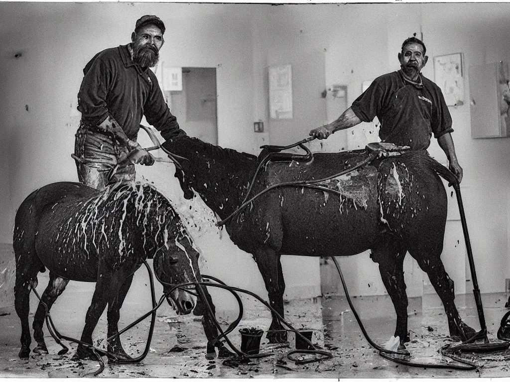 Image similar to a putrefying portrait photograph of a janitor who is gradually being invaded by horses. the floor is covered in a thick layer of gelatin and the janitor is coughing up a fine mist of squids and tadpoles