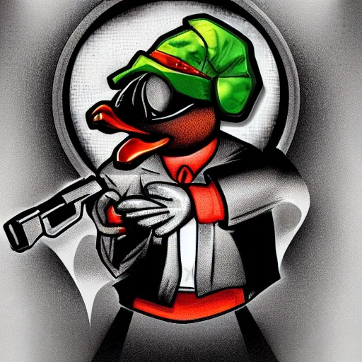 Image similar to a duck with a machine gun, photorealistic, award winning digital art, award winning gangster photography