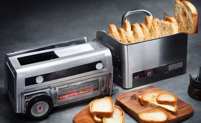 Prompt: a time-traveling delorean styled toaster with toast, bread inserted into slot, glowing heating coils, stainless steel, professional product shot, magazine ad