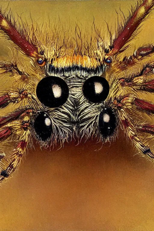 Image similar to closeup portrait of royal jumping spider. painting by gaston bussiere and craig mullins and j. c. leyendecker and ernst haeckel and john william godward and hammershøi