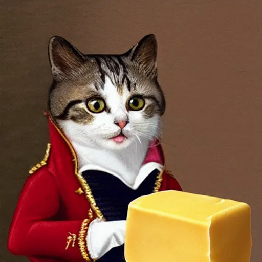 Image similar to cat dressed like napoleon holding a block of cheese