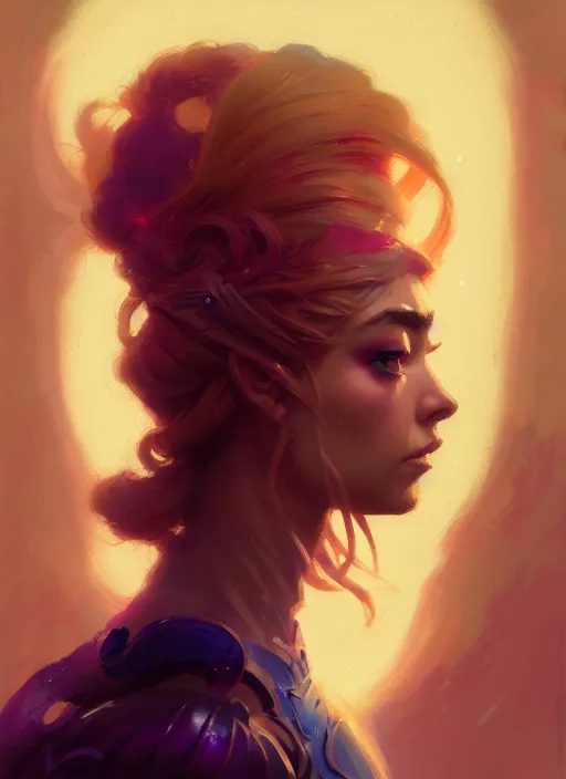 Image similar to side portrait, imogen poots, paladin, fantasy, gloomhaven, luminescent, organic painting, gaudy colors, by greg manchess, huang guangjian, gil elvgren, sachin teng, greg rutkowski, jesper ejsing, ilya kuvshinov