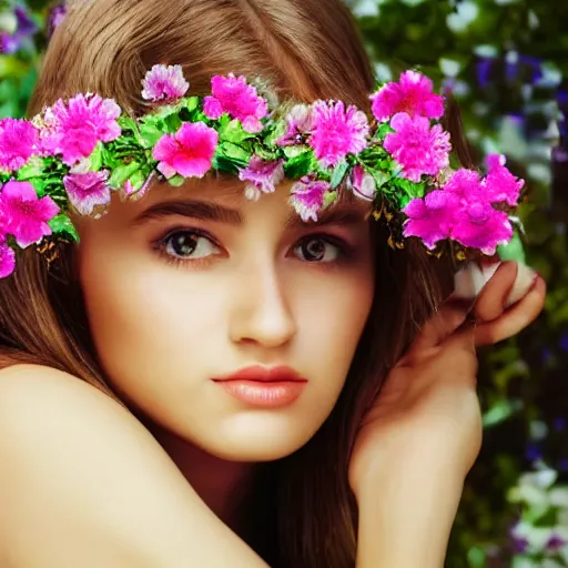 Image similar to a 3 d close up image of a beautiful young women looking at the camera surrounded by lush flowers impressionism, pop