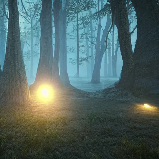 Image similar to a mystical forest by night , unreal engine 5.