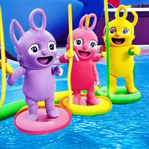 Image similar to Teletubbies in a swimming pool full of noodle soup
