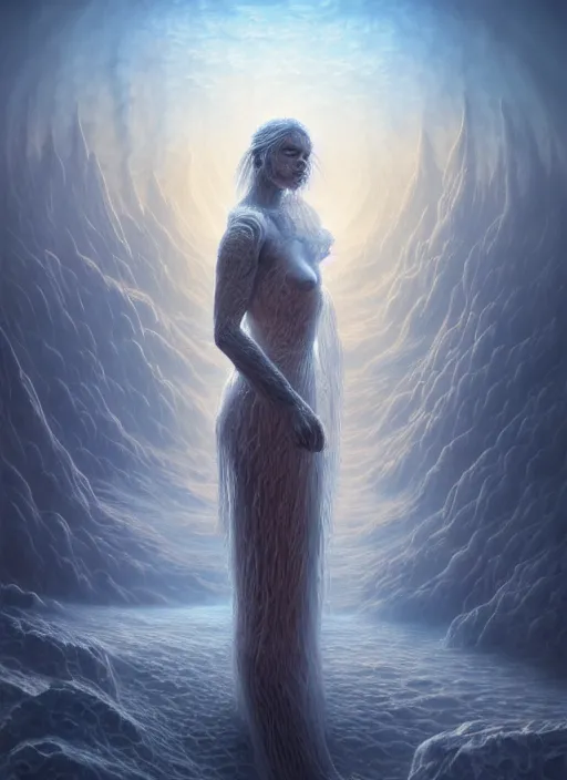 Image similar to a human made of ice, in the style of tomasz alen kopera and fenghua zhong and peter mohrbacher, mystical colors, rim light, beautiful lighting, 8 k, stunning scene, raytracing, octane, trending on artstation