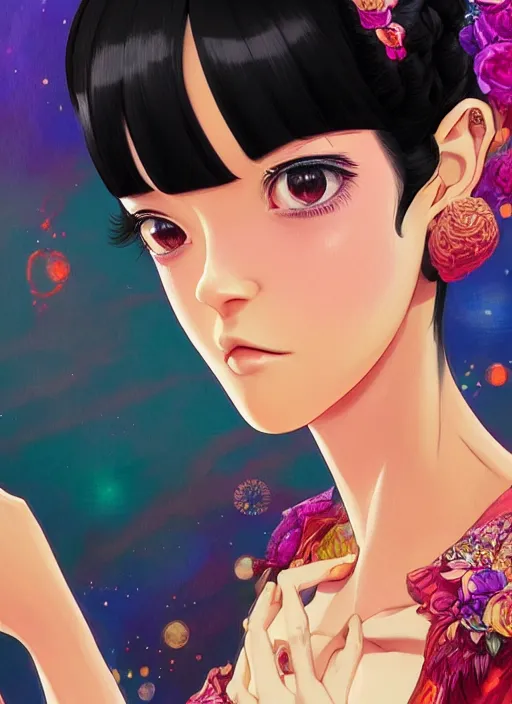 Image similar to a beautiful girl with black hair in 1970's fashion, ballroom background, intricate, highly detailed, digital painting, artstation, official media, anime key visual, concept art, rich vivid colors, ambient lighting, sharp focus, illustration, art by Artgerm, Makoto Shinkai, Ilya Kuvshinov, Lois Van Baarle, and Rossdraws