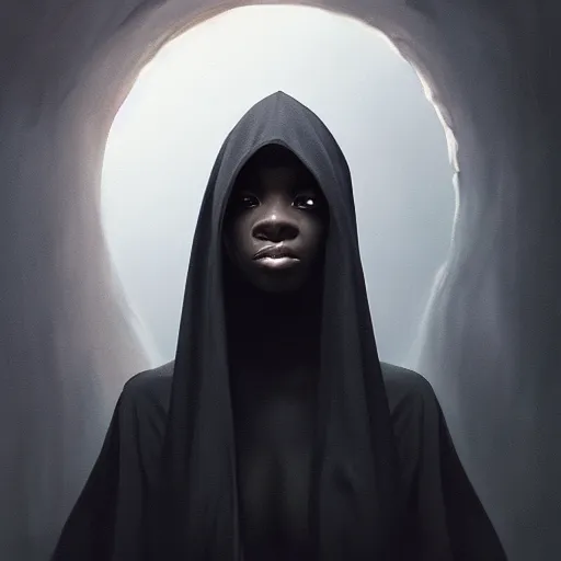 Image similar to a portrait of a young black woman wearing a long dark cloak, hood and shadows covering face, anatomically correct, beautiful perfect face, enigmatic, oil painting, matte painting, black background, Volumetric dynamic lighting, Highly Detailed, Cinematic Lighting, Unreal Engine, 8k, HD, by Beksinski