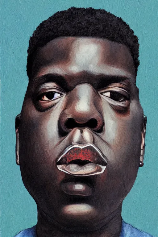 Image similar to a portrait of biggie smalls in style of rudy gutierrez and egon schiele, masterpiece, hyperdetailed, complex, intricate, 4 k, trending on artstation