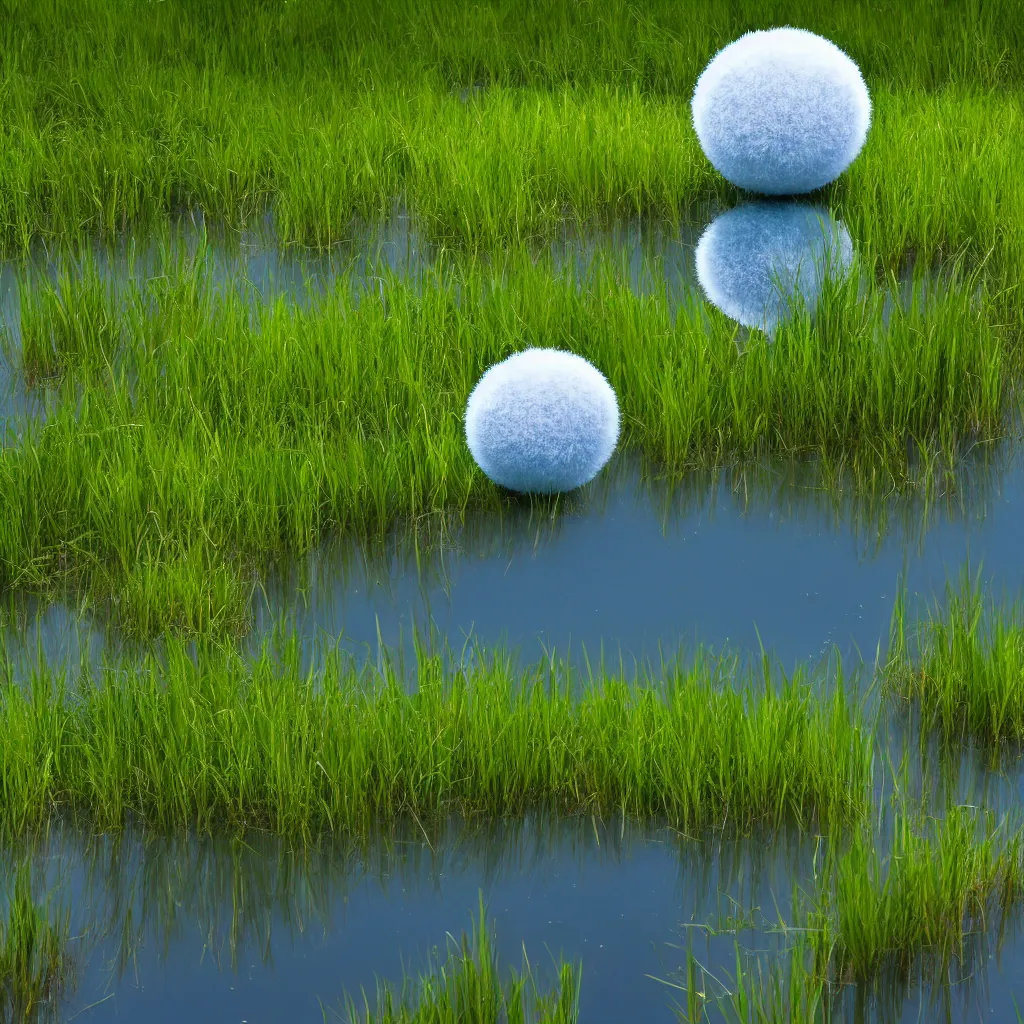 Prompt: a fuzzy orb floating on a pond, calm water, photorealistic, 4 k, detailed, reflection