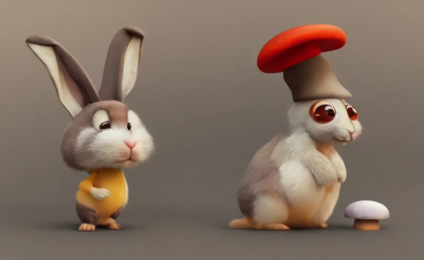 Image similar to cute rabbit character with mushroom hat, style of pixar, unreal engine 5, trending on artstation, 8K