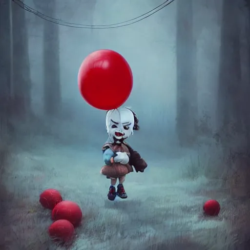 Image similar to grunge cartoon landscape painting of bilie eilish with a wide smile and a red balloon by - michal karcz, loony toons style, pennywise style, horror theme, detailed, elegant, intricate