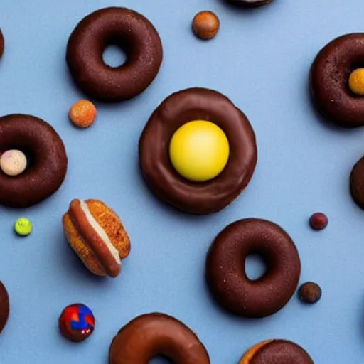 Prompt: a model solar system made out of doughnuts