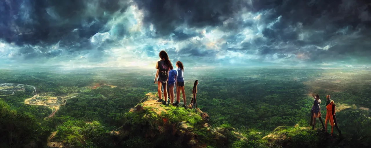 Prompt: Colorful dramatic puffy clouds, 3 Inner city teens standing on the edge of a cliff overlooking a forest, Glowing city on the horizon, matte painting, concept art, 4K