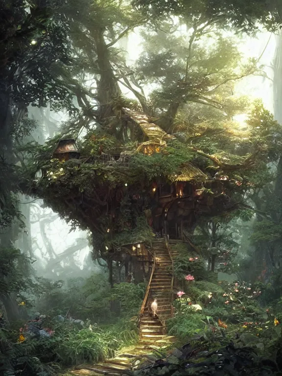 Image similar to worm's eye view of a elven headquarters tree house and flower garden, neat and tidy, magical, natural light, fantasy, sharp focus, concept art, by greg rutkowski and craig mullins, cozy atmospheric