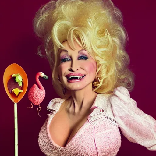 Prompt: dolly parton eating a radish while holding a flamingo croquet stick, cover of 1 9 6 0 cosmo magazine, 4 k photorealistic, cinematic