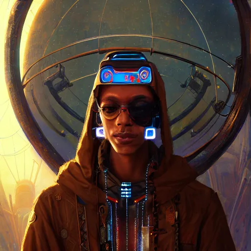 Image similar to a dogon cyberpunk hacker, steampunk stargate by greg rutkowski and android jones in a surreal portrait style, oil on canvas, ancient cyberpunk 8k resolution