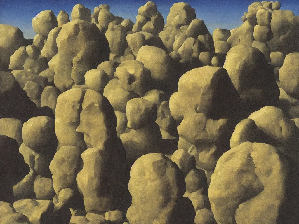 Image similar to The sentient rocks are taking revenge. long, long shadows over the man. Surreal everything: tooth an nail. Painting by Zurbaran, Rene Magritte, Jean Delville, Max Ernst, Maria Sybilla Merian