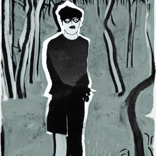 Image similar to beatnik standing in forest, style of andy warhol