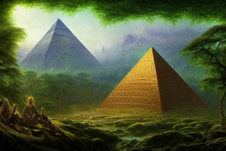 Prompt: a beautiful and highly detailed digital painting of an elven pyramid in a mystical forest, psychedelic patterns, celtic designs, intricate details, epic scale, hyperdetailed, hyperrealism, artstation, cgsociety, 8 k, sharp focus, by caspar friedrich, james gurney, zeen chin, brian froud,