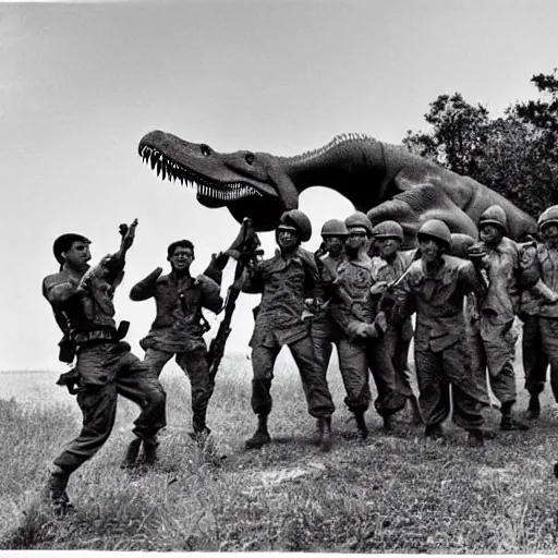 Prompt: soldiers taking a picture with a tyrannosaurus rex in the vietnam war, black and white, eddie adams, david burnett, robert capa, al chang, niel davis, marc riboud