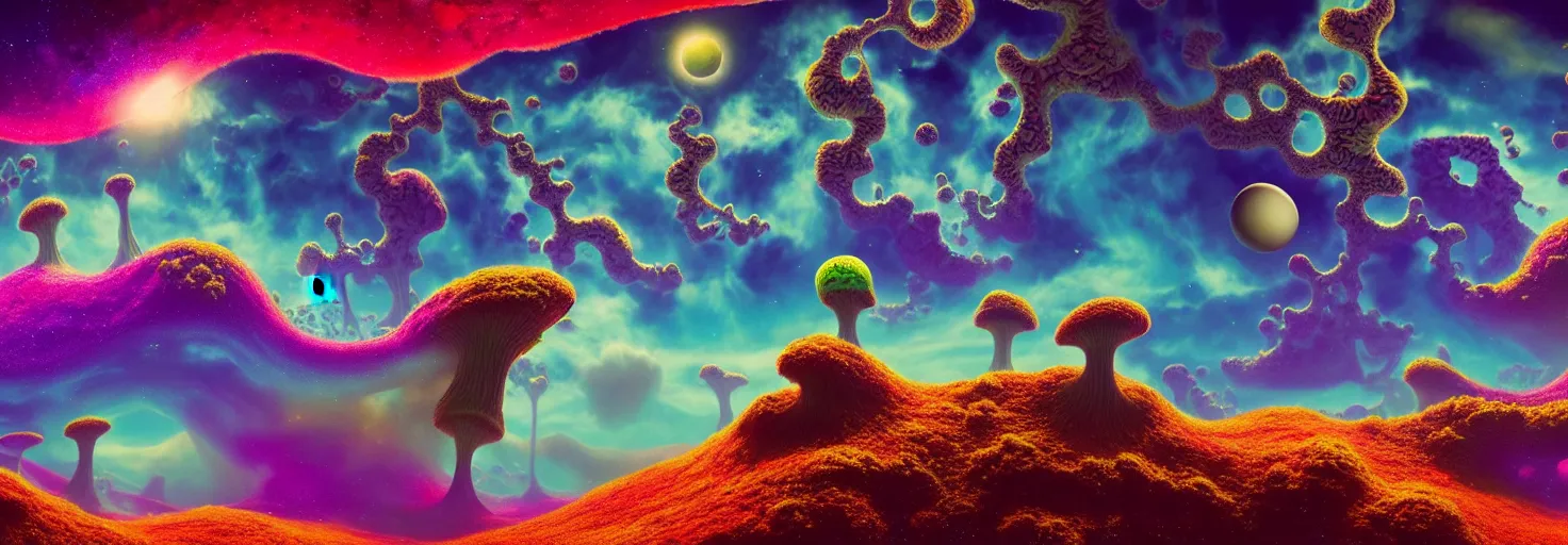 Prompt: a view of a surreal alien variated planetary fractal landscape with gigantic and small colorful exotic fungus of varying densities and sizes scattered across the vast landscapes, surreal clouds, floating islands, 4 k, retro, detailed, vibrant, weird skies, extradimensional, stars, galaxies, trending on artstation