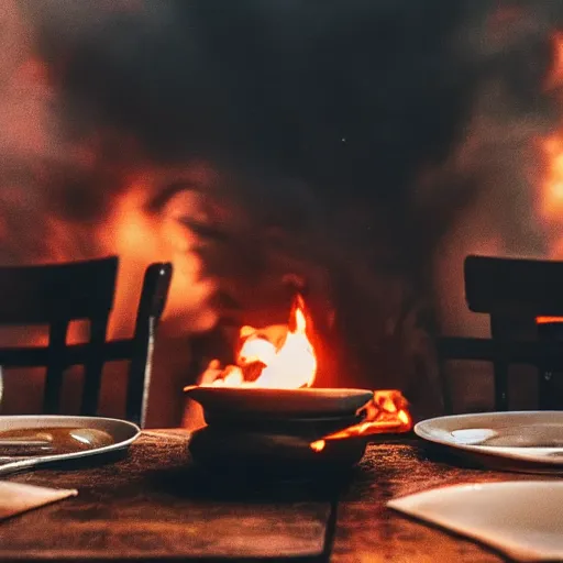 Image similar to a photograph of a big fire on a dining room on fire, only remains a wooden table and a chair (no fire at all there), an human-like relaxed dog sitting at this table, ☕ on the table, surrounded by flames, a lot of flames behind the dog, black smoke instead of the ceiling, no watermark