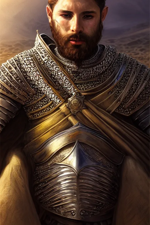 Image similar to Portrait of a handsome king in the desert, Medieval Warrior, detailed scene, Armour and Crown, Sword, photo realistic, highly detailed, dramatic lighting, trending on artstation, elegant, intricate, character design, motion and action and tragedy, fantasy, D&D, highly detailed, digital painting, concept art