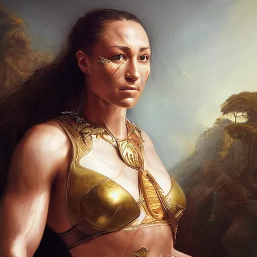 Prompt: the portrait of jessica ennis hill as amazon warrior in bikini by roberto ferri, fantasy, witcher, very detailed oil painting, masterpiece, 8 k