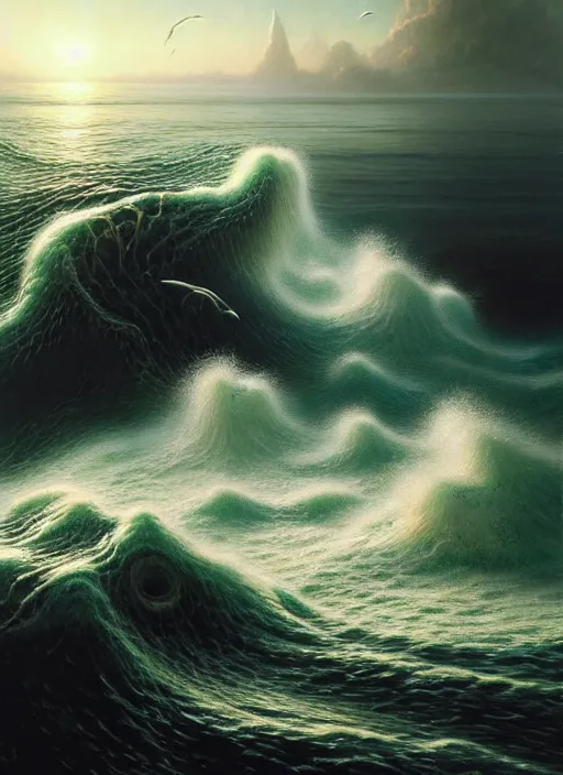 Image similar to a hyper - detailed 3 d render like a oil painting of aquatic animals cresting and crashing tidal waves, surrealism!!!!! surreal concept art, lifelike, photorealistic, digital painting, aesthetic, smooth, sharp focus, artstation hd, by greg rutkowski, bruce pennington, valentina remenar and asher duran,