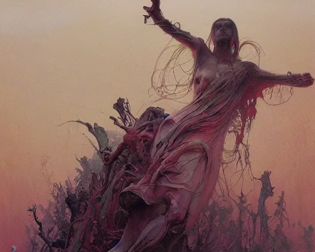 Image similar to the last sight before death, painted by zdzislaw beksinski and artgerm and greg rutkowski and alphonse mucha and rene laloux