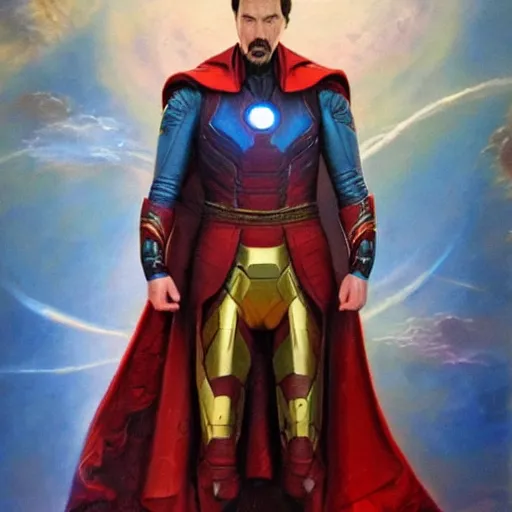 Image similar to dr strange in iron man armor, very detailed oil painting, fantasy magic science art