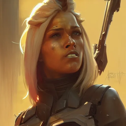 Image similar to bounty hunter, painted character portrait, highly detailed, digital painting, artstation, concept art, sharp focus, illustration, art by artgerm and greg rutkowski and alphonse mucha