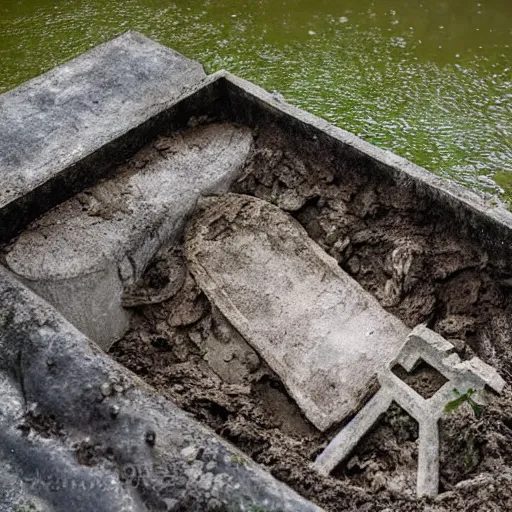 Prompt: The mixed mediart shows a grave that has been flooded with water. The grave is located in a cemetery in Italy. The water in the grave is dirty and there is trash floating in it. The grave is surrounded by a fence. by Henry Moore contest winner