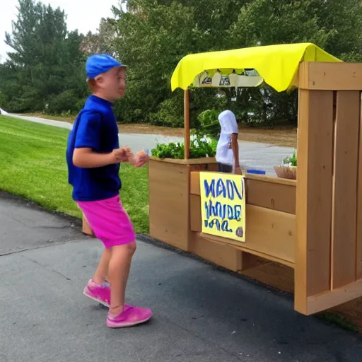 Prompt: a man pushing over a kid's lemonade stand