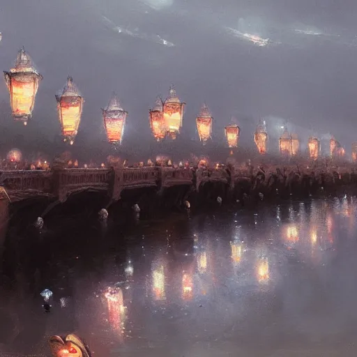 Image similar to concept art, river lanterns on the eve of ullambana festival, by james gurney, greg rutkowski, john howe, artstation